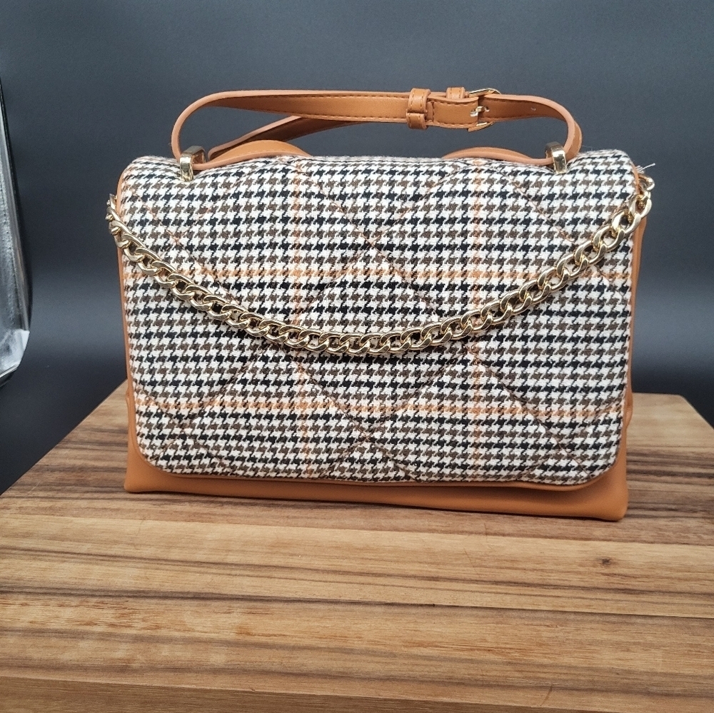 A New Day Tan & Black Houndstooth Bag, Adj., Detachable Strap Gold Hardware NWOT - Picture 2 of 12